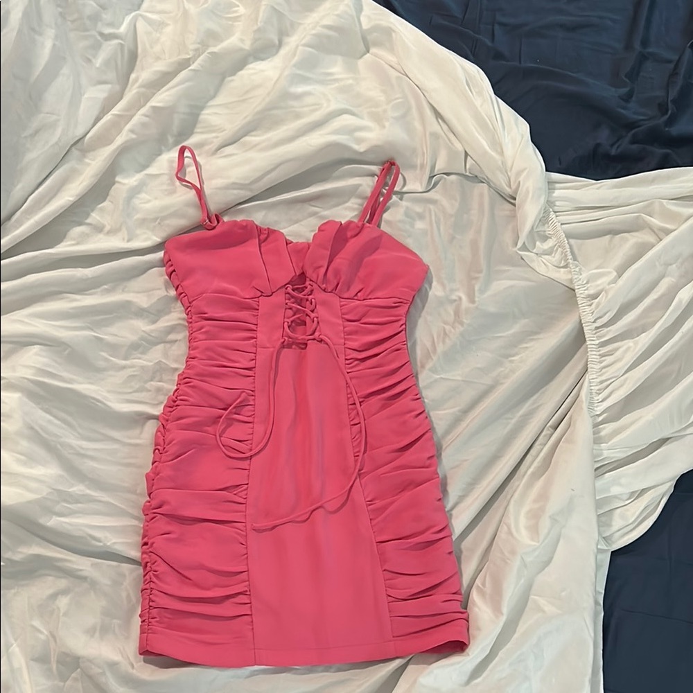 Superdown Bodycon Mini Dress with Ruched Tie Front in Orange and Pink